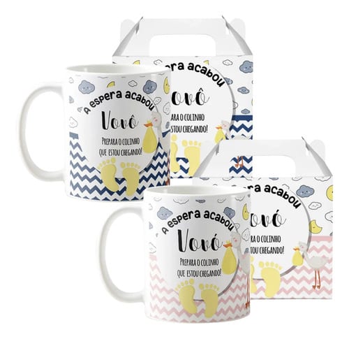 Kit Canecas Cerâmica 325ml Grávidez Surpresa Avós Vovô Branco Presente Criativo Combo 4 Preparem O Colinho