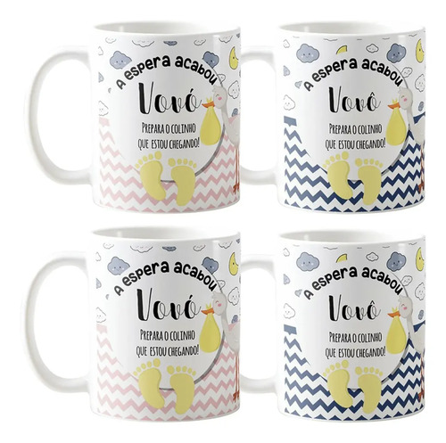 Kit Canecas Cerâmica 325ml Grávidez Surpresa Avós Vovô Branco Presente Criativo Combo 4 Preparem O Colinho - Família (Avó e Avô)