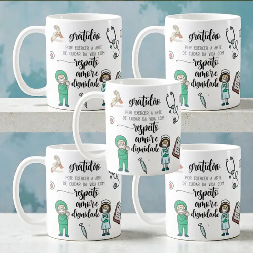 Kit 5 Canecas Personalizadas Enfermagem Cerâmica Presente Enfermeiro