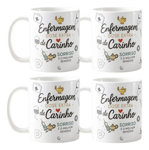Kit 4 Canecas Enfermeiras Presente Homenagem Dia Enfermeiros Branco Carinho Enfermagem