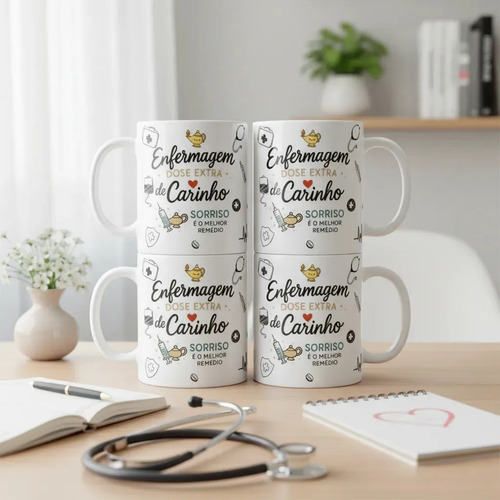 Kit 4 Canecas Enfermeiras Presente Homenagem Dia Enfermeiros Branco Carinho Enfermagem - Profissões (Enfermagem)