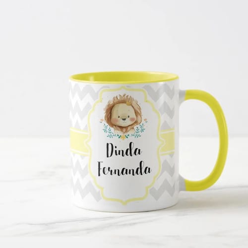Caneca Personalizada Madrinha Dinda de Batizado Convite Leão