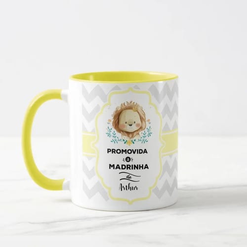 Caneca Personalizada Madrinha Dinda de Batizado Convite Leão