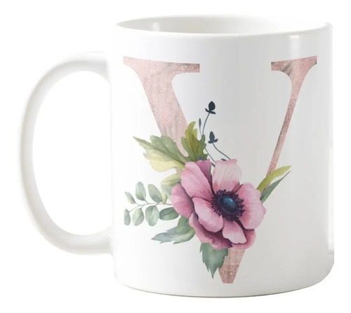 Caneca Feminina Personalizada com Nome e Inicial V - Outros (Inicial V com nome floral)