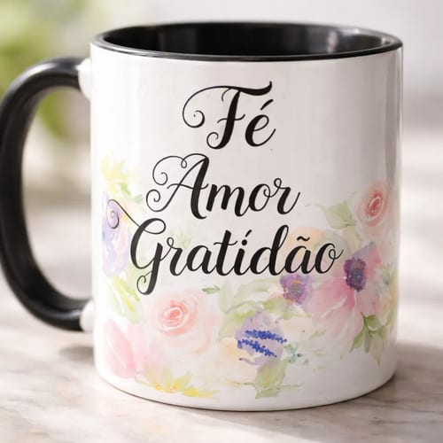 Caneca Fé Amor Gratidão - Outros (Floral, Flores)