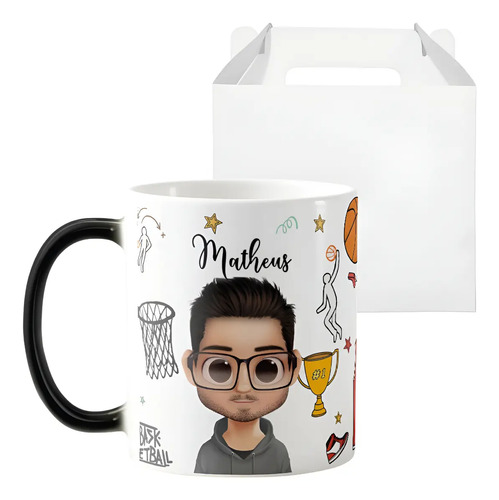 Caneca Mágica Divertida Presente para Treinador de Basquete - Profissões (Técnico Basquete com nome e avatar)