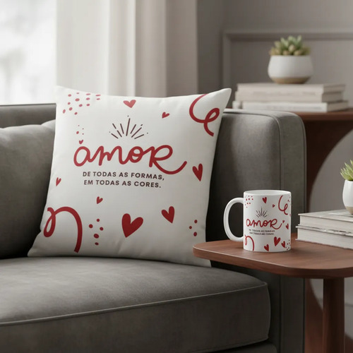 Kit Almofada e Caneca Romance de Corações Toda Forma de Amar