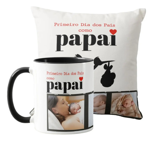 Kit Caneca e Almofada Presente Dia dos Pais com 3 Fotos - Família (Pai)