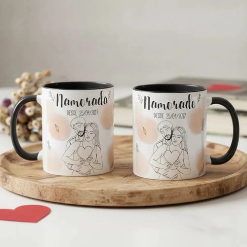 Kit Namorados - 2 Canecas Namorada e Nomorado Personalizado com Ilustração Casal - Preta