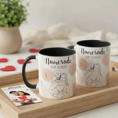 Kit Namorados - 2 Canecas Namorada e Nomorado Personalizado com Ilustração Casal - Preta