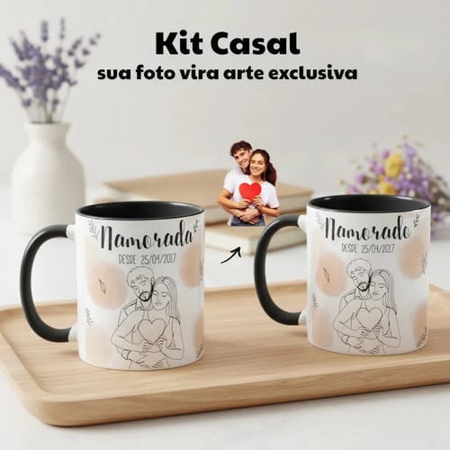 Kit Namorados - 2 Canecas Namorada e Nomorado Personalizado com Ilustração Casal - Preta - Outros (Casal)