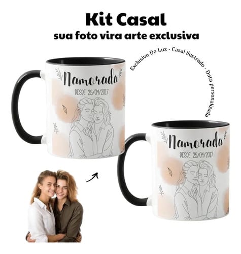 Kit Namoradas- 2 Canecas Namoradas Personalizado com Ilustração Casal - Preta - Outros (Casal)