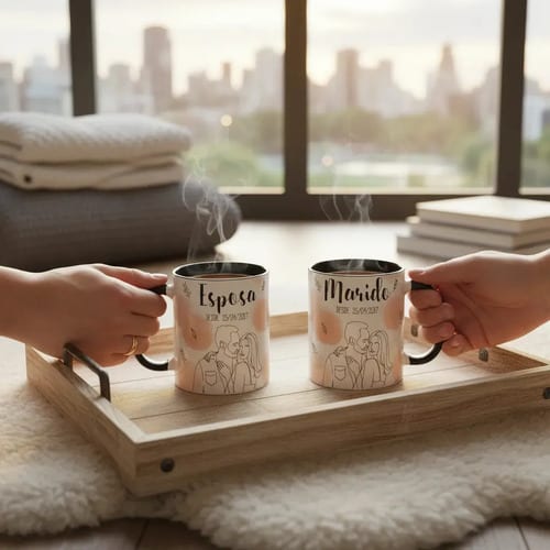 Kit Casados - 2 Canecas Esposa e Marido Personalizado com Ilustração Casal - Preta