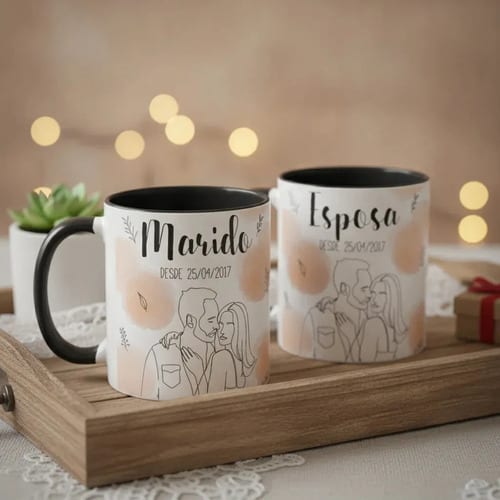 Kit Casados - 2 Canecas Esposa e Marido Personalizado com Ilustração Casal - Preta