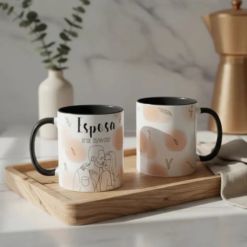 Kit Casados - 2 Canecas Esposa e Marido Personalizado com Ilustração Casal - Preta