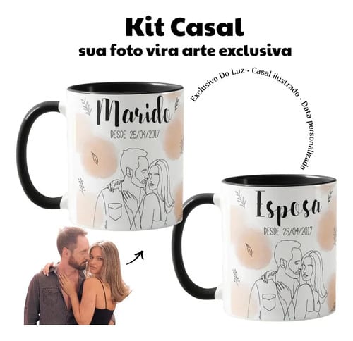 Kit Casados - 2 Canecas Esposa e Marido Personalizado com Ilustração Casal - Preta