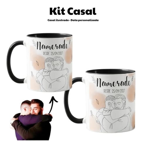 Kit Namorados - 2 Canecas Namorados Personalizado com Ilustração Casal - Preta - Outros (Casal)